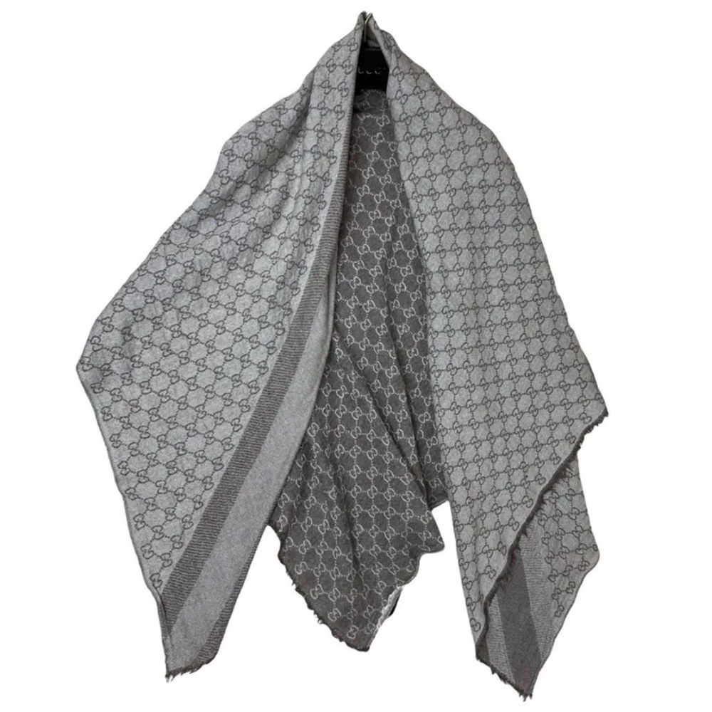 gray Gucci scarf wool silk scarf | gray & white gg jacquard wool silk scarf - Picture 8 of 8
